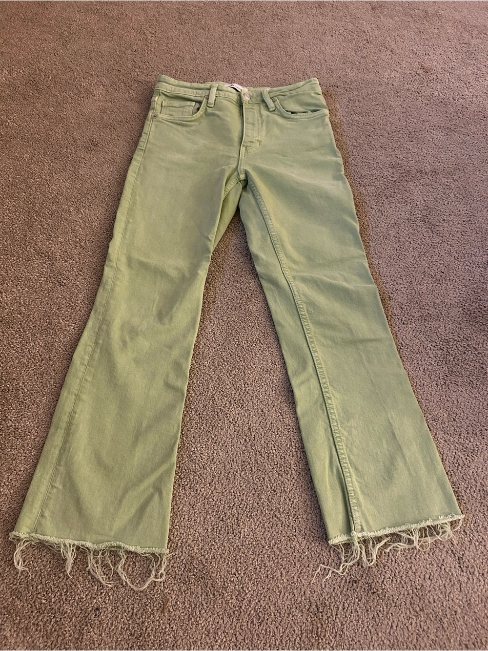 Zara Light Green Flare Jeans with Frayed Hem